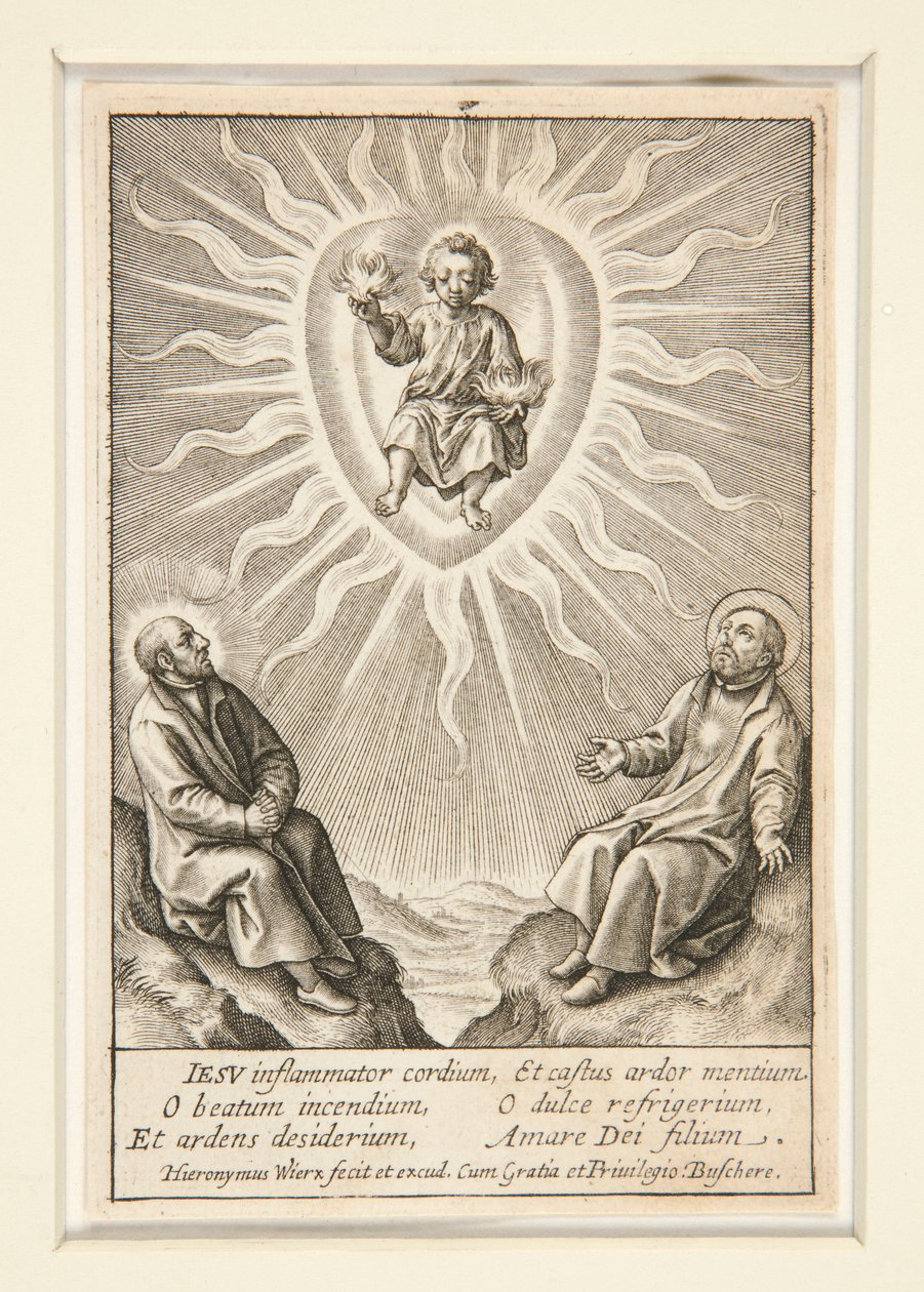 Ignatius of Loyolan ja Francis Xavierin lapsi liekehtivällä sydämellä tekijältä Hieronymus Wierix