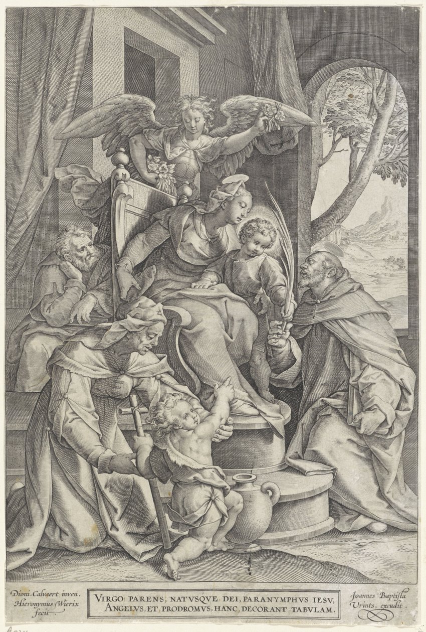 Pyhä perhe Elisabetin ja Johannes Kastajan kanssa, Denys Calvaertin jälkeen, 1563 - ennen vuotta 1611 tekijältä Hieronymus or Jerome Wierix