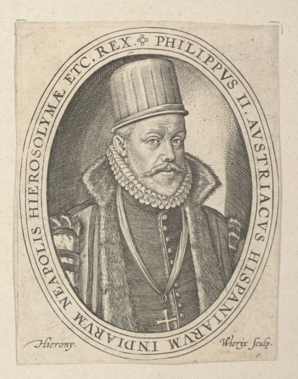 Espanjan Filip II, 1500-luvun loppu - 1600-luvun alku (kaiverrus). tekijältä Hieronymus or Jerome Wierix