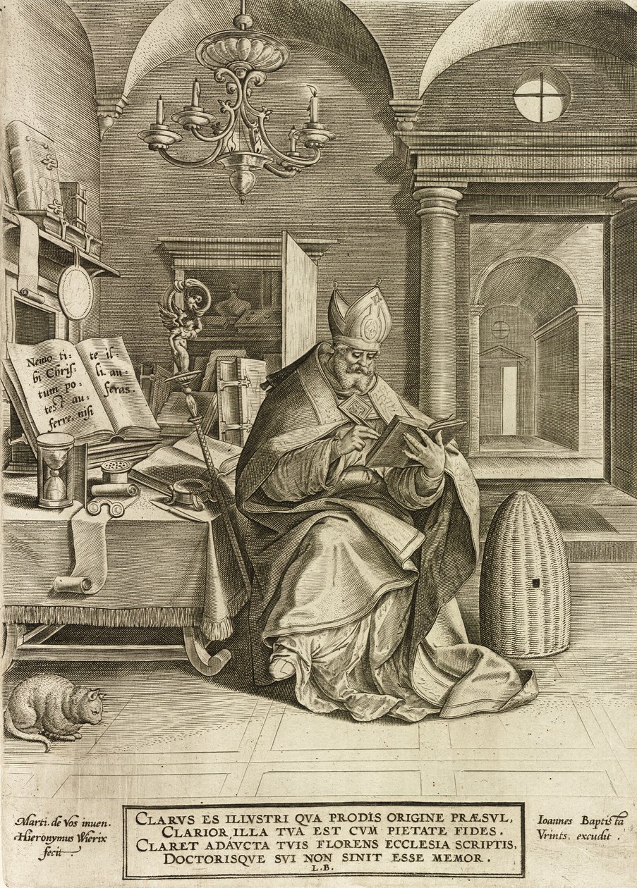 Saint Ambrose, sarjasta Kirkon neljä isää, pub. 1586 tekijältä Hieronymus or Jerome Wierix