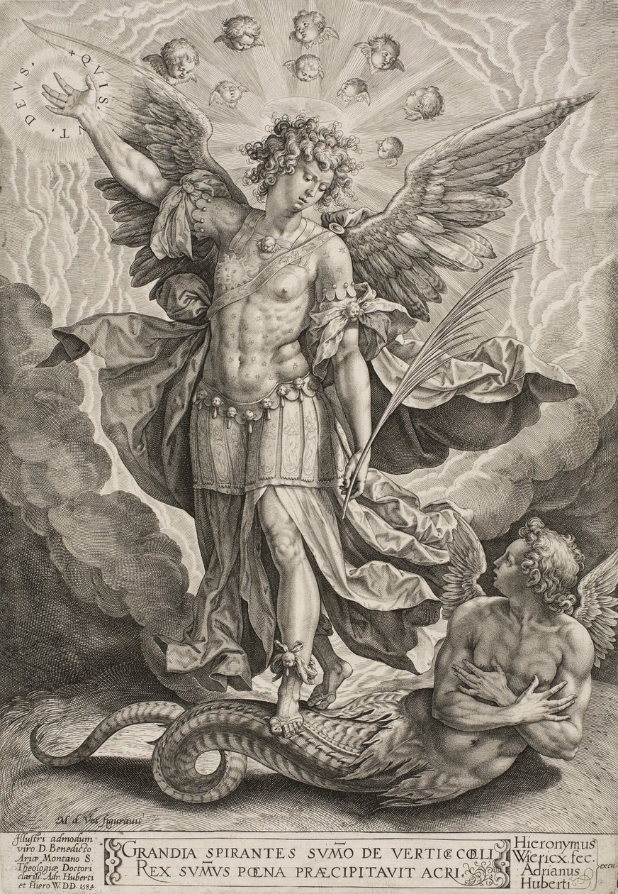 Pyhä Mikael voitti lohikäärmeen, 1584 tekijältä Hieronymus or Jerome Wierix
