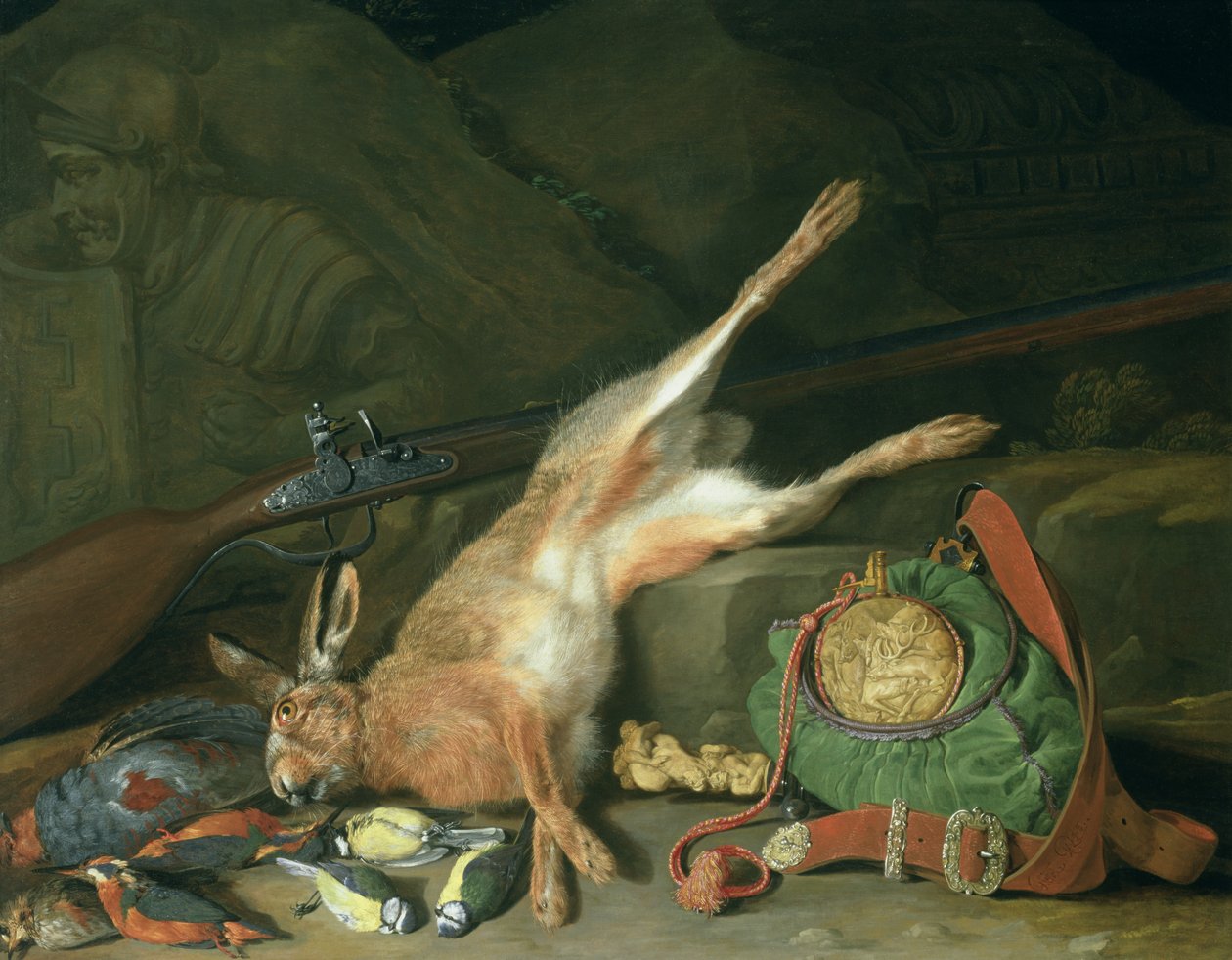 Jäniksen asetelma metsästysvälineineen (katso pari 93439) tekijältä Hieronymus the Elder Galle