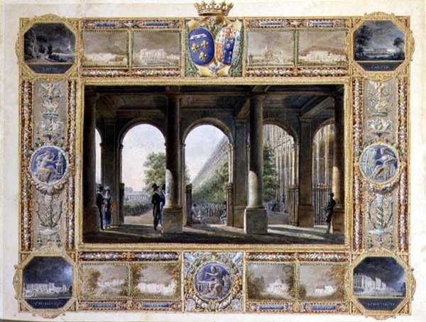 Palais Royal, Pariisi, ympäröity vinjeteillä Charles Ferdinand, Berryn herttuan (1778-1820) ja hänen vaimonsa Maria Caroline Bourbonin lapsuudenkodista (akvarelli paperille). tekijältä Hilaire Thierry
