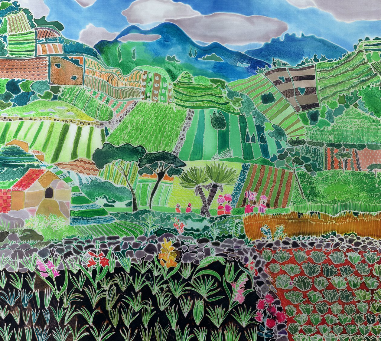 Kaalit ja liljat, Solola Region, Guatemala, 1993 (värilliset musteet silkille) tekijältä Hilary Simon