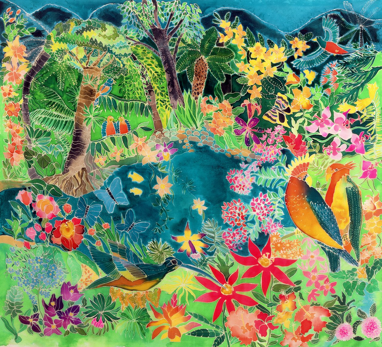 Caribbean Jungle, 1993 (värillinen muste silkille) tekijältä Hilary Simon