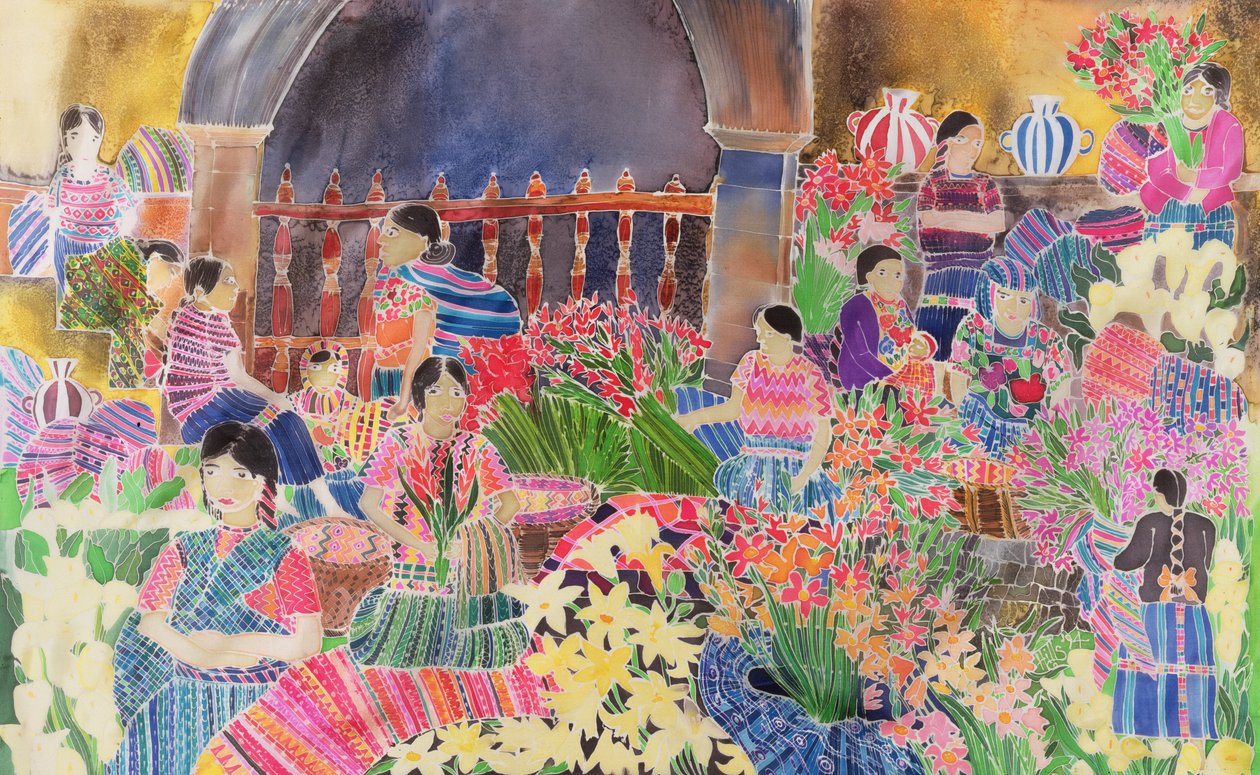 Chichicastenango, markkinapäivä (värilliset musteet silkillä) tekijältä Hilary Simon