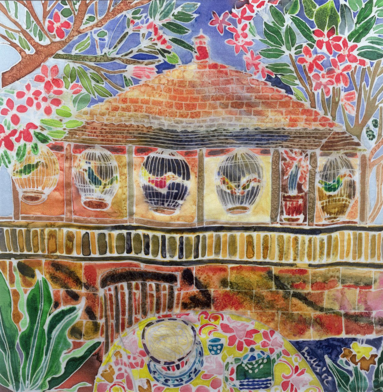 Lotus Cafe, Ubud, Bali, 2002 (värillinen muste silkille) tekijältä Hilary Simon
