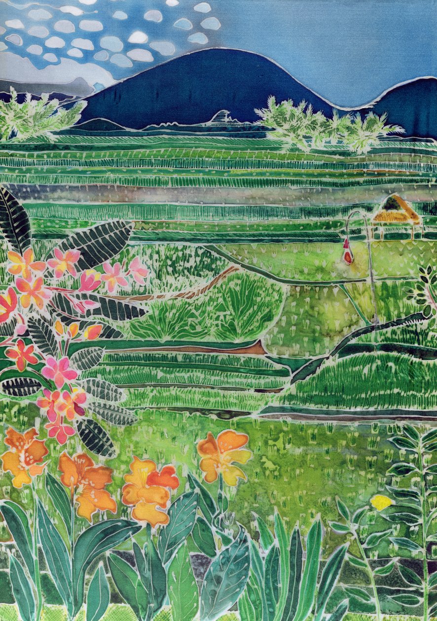 Lovina Ricefields with lilies and Frangipani, Bali, 1996 (värilliset musteet silkillä) tekijältä Hilary Simon