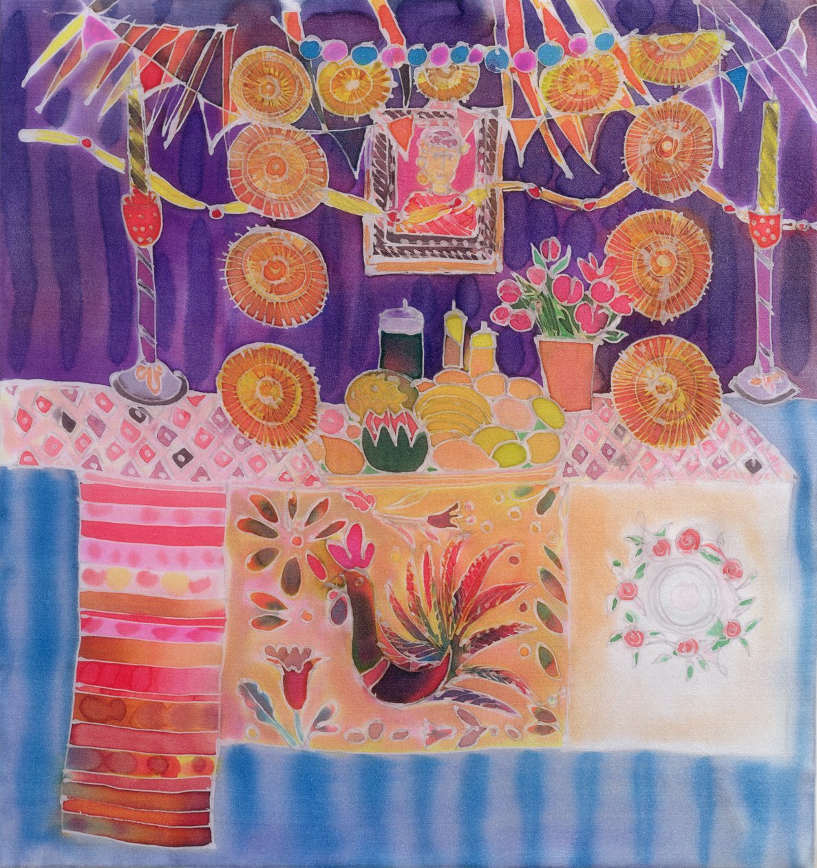 Meksikon pyhäkkö Frida Kahlon kanssa, 2006 (värit silkille) tekijältä Hilary Simon