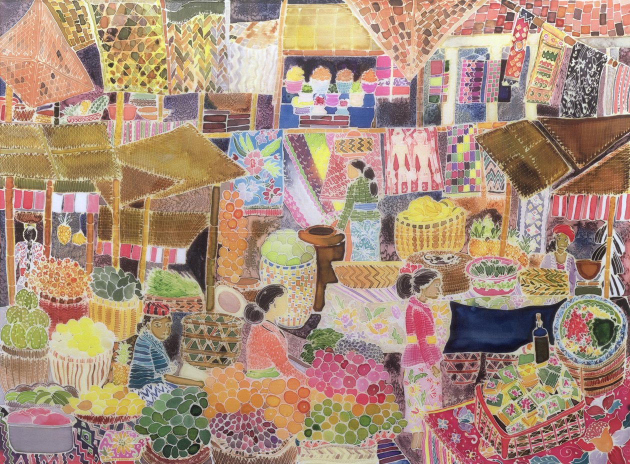 Ubud Market, Bali, 2002 (värillinen muste silkille) tekijältä Hilary Simon