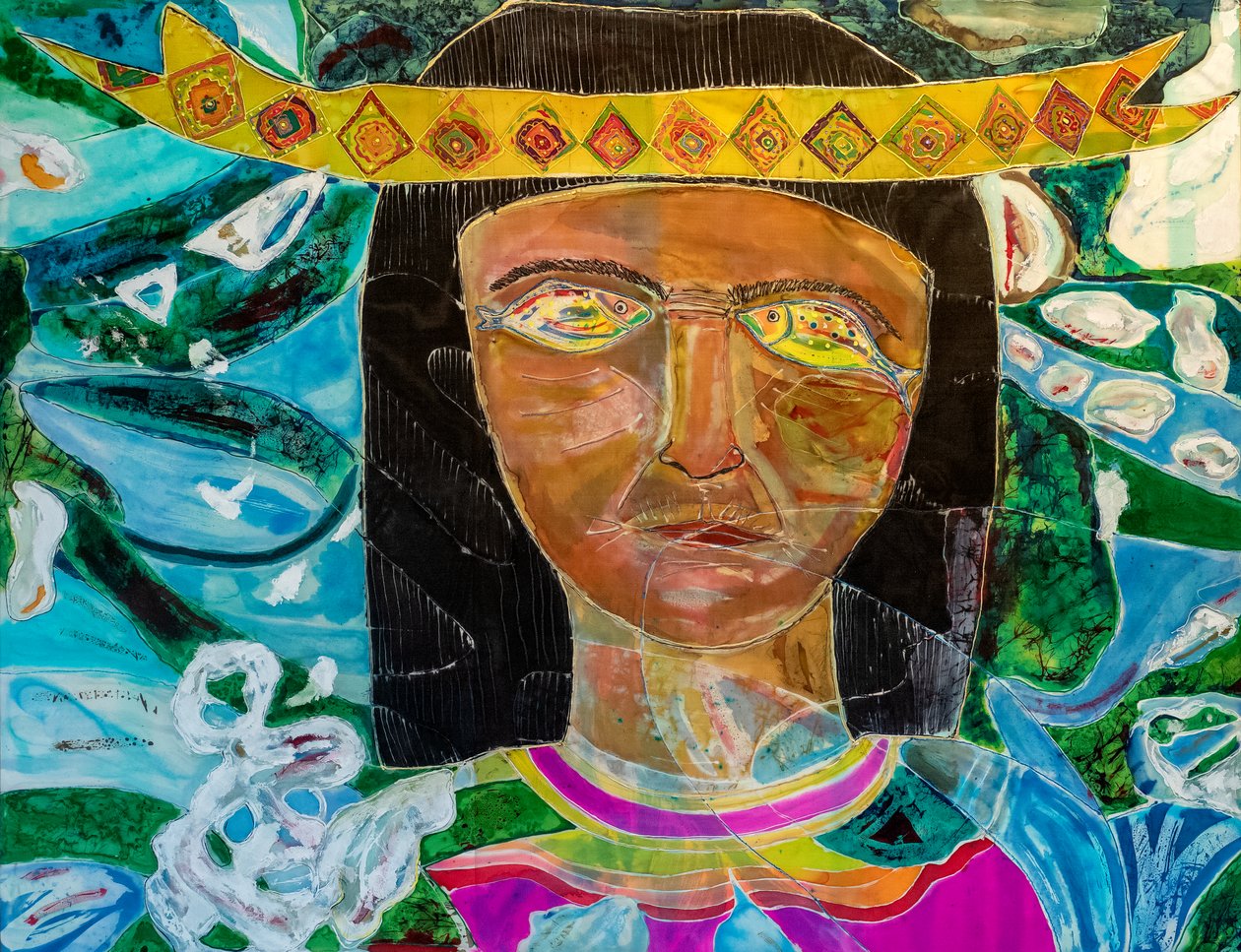 Amazonas-shamaani Olivia Arevalo, 2022 (värjäys ja maali silkille) tekijältä Hilary Simon