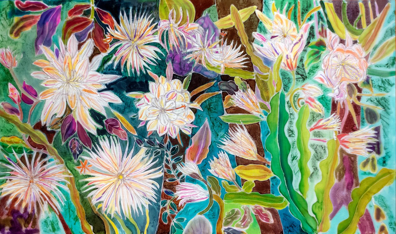 Night Flowering Moonflower, Peru, 2022 (värjäys ja maali silkille) tekijältä Hilary Simon