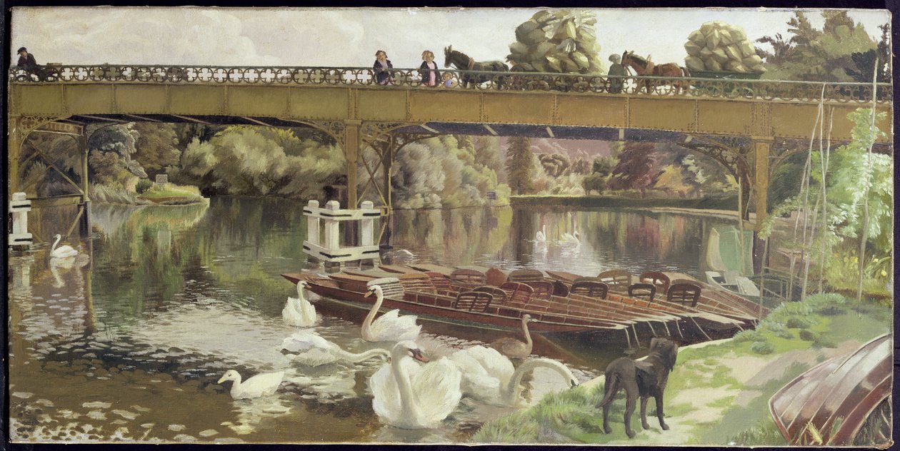 Joutsenet, Cookham Bridge (öljy kankaalle) tekijältä Hilda Carline