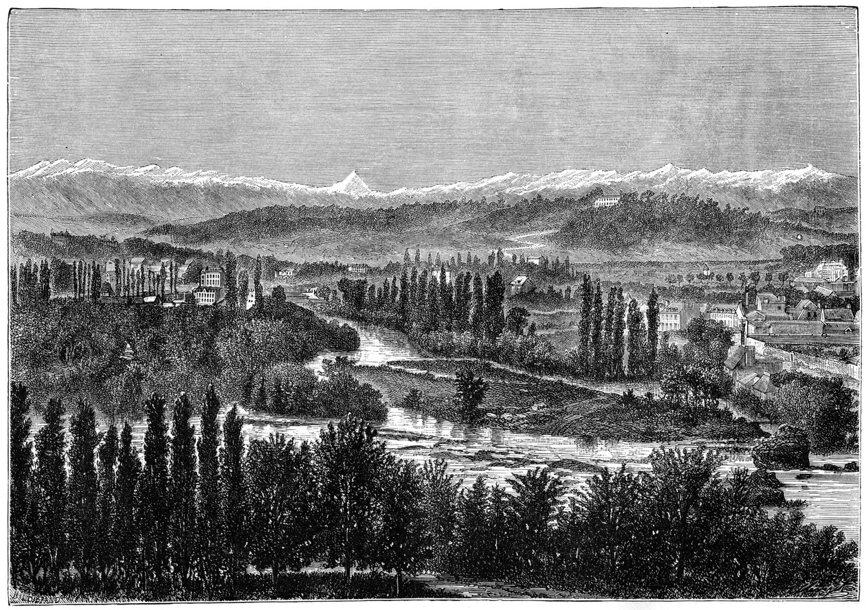 Pyreneet nähtynä Paun linnan terassilta Ranskassa, 1879 tekijältä Hildibrand