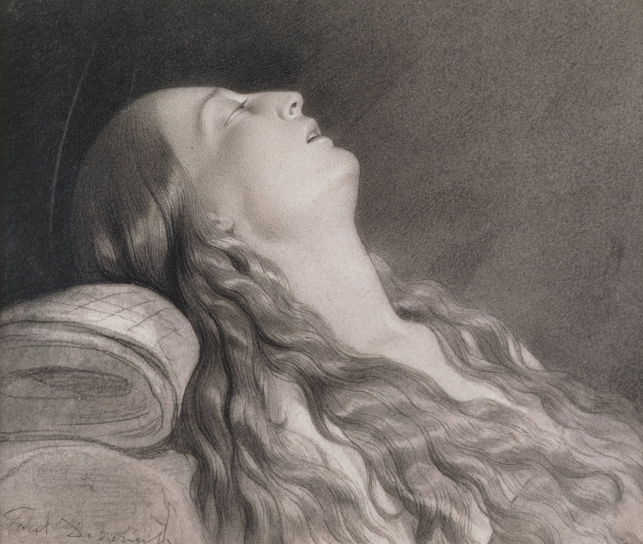 Louise Vernet kuolinvuoteellaan (grafiitti paperille) tekijältä Hippolyte Delaroche