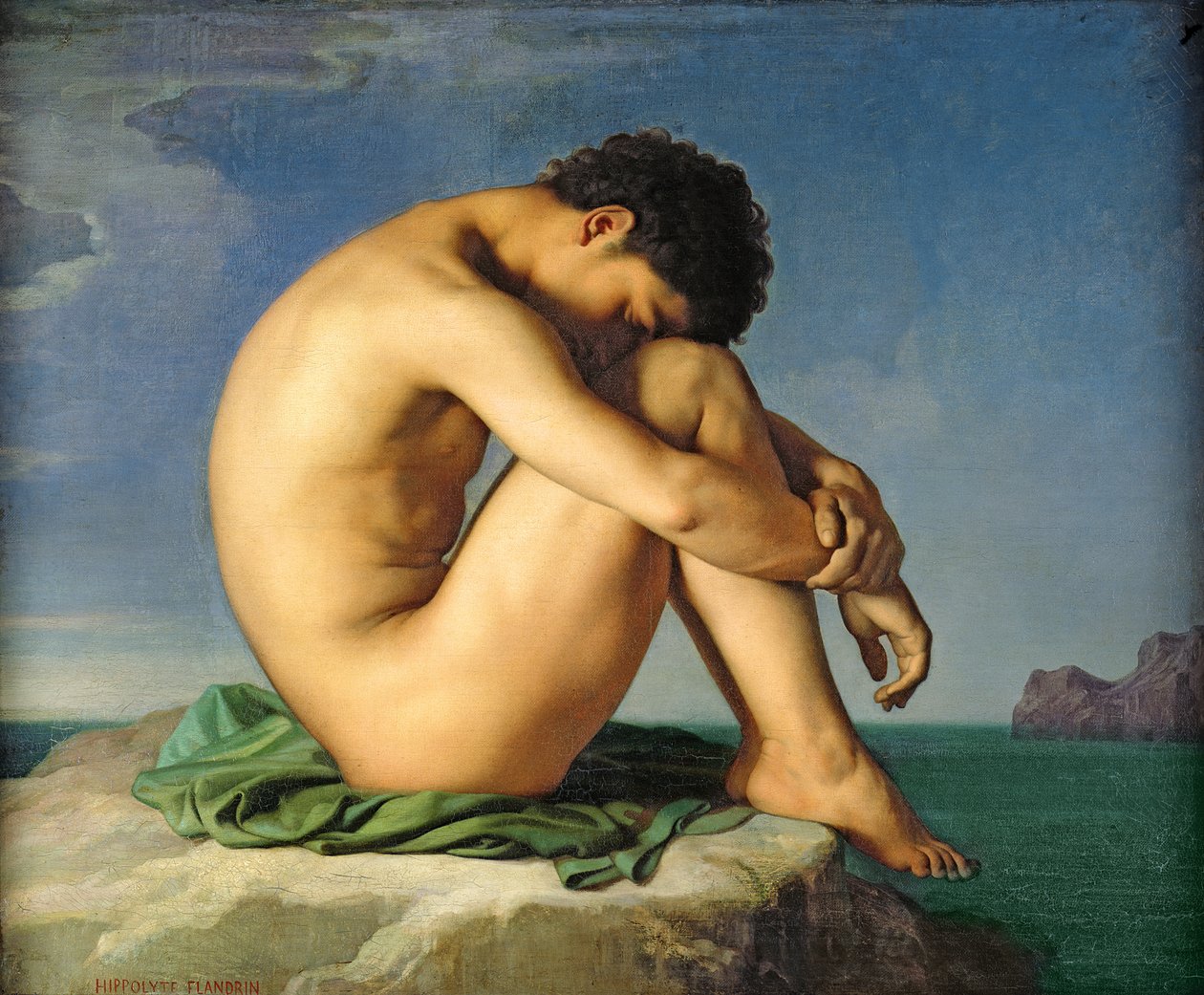 Alaston nuori mies istuu meren rannalla, 1836 tekijältä Hippolyte Flandrin