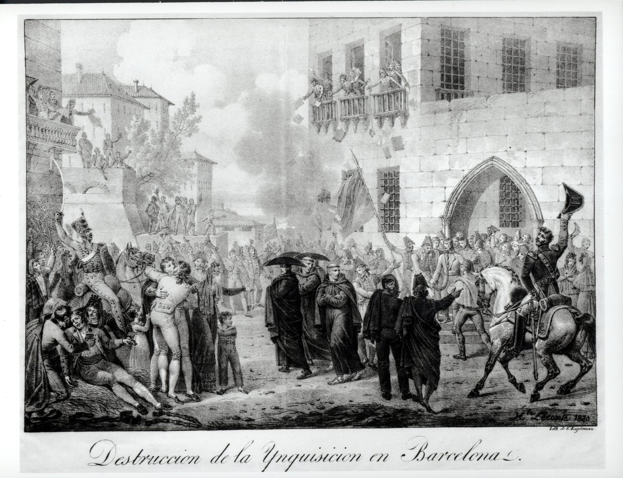 Inkvisition tuhoaminen Barcelonassa, 10. maaliskuuta 1820, kaiverrus Godefroy Engelmann (1788-1839) tekijältä Hippolyte Lecomte