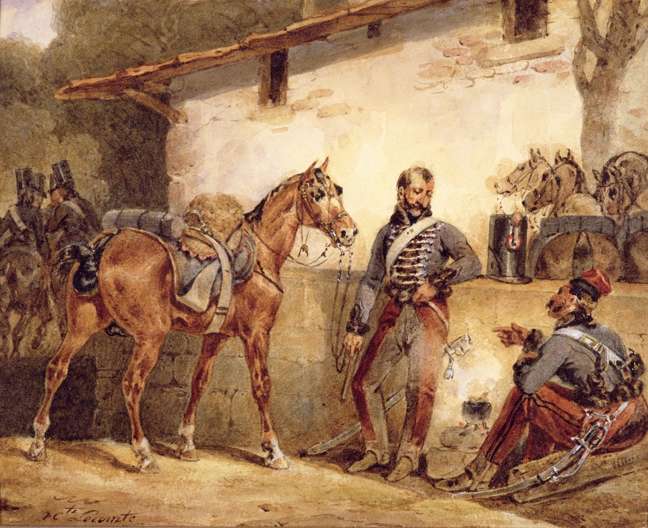 Ranskalaisia sotilaita lepäämässä, 1831 (wc ja guassi paperille) tekijältä Hippolyte Lecomte