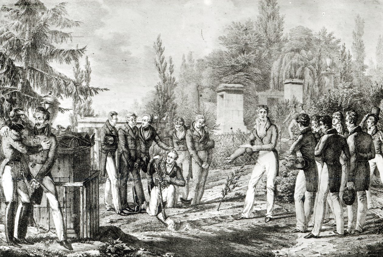 Ecole Polytechniquen opiskelijoita Gaspard Mongen (1746-1818) haudalla, syyskuu 1818. tekijältä Hippolyte Lecomte