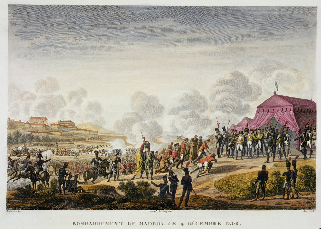 Madridin pommi-isku, 4. joulukuuta 1808, kaiverrus Edme Bovinet (1782-1832) (akvatinta) tekijältä Hippolyte Lecomte