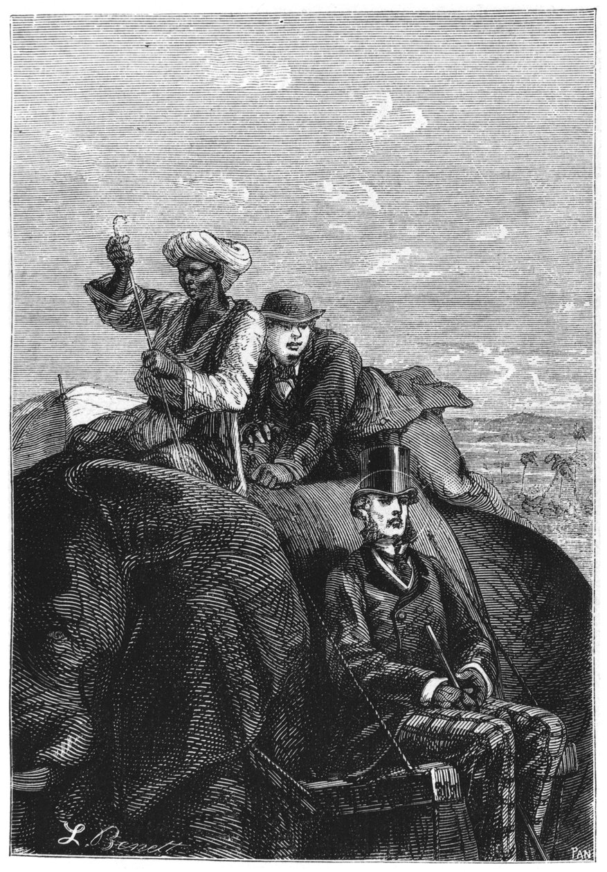 Phileas Fogg ja Passepartout, kuvitus Jules Vernen (1828-1905) 1800-luvun lopun teoksesta Around the World in Eighty Days tekijältä Hippolyte Leon Benett
