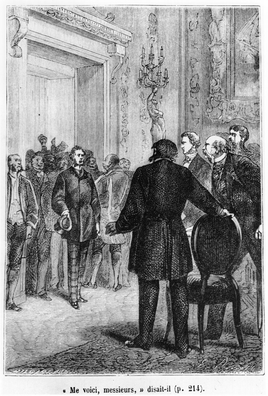 Phileas Fogg saapuu, kuvitus Jules Vernen (1828-1905) teoksesta "Maailman ympäri kahdeksankymmenessä päivässä" Henri Theophile Hildibrandin (1824-97) kaivertama 1800-luvun lopulla tekijältä Hippolyte Leon Benett