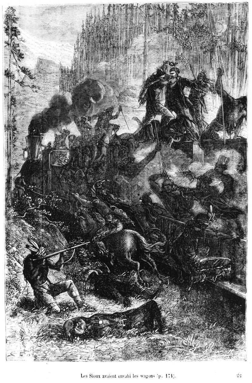 Sioux Attacking the Train, kuvitus Jules Vernen (1828-1905) 1800-luvun lopun teoksesta "Maailman ympäri kahdeksankymmenessä päivässä" tekijältä Hippolyte Leon Benett