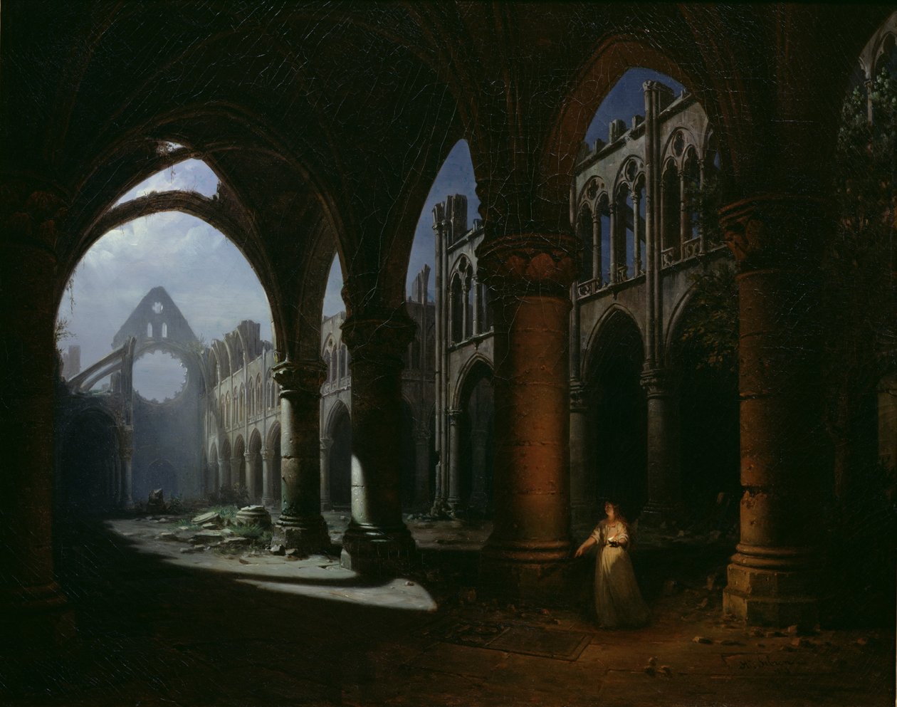 Raunioissa sijaitsevan luostarin sisustus, 1848 tekijältä Hippolyte Victor Valentin Sebron