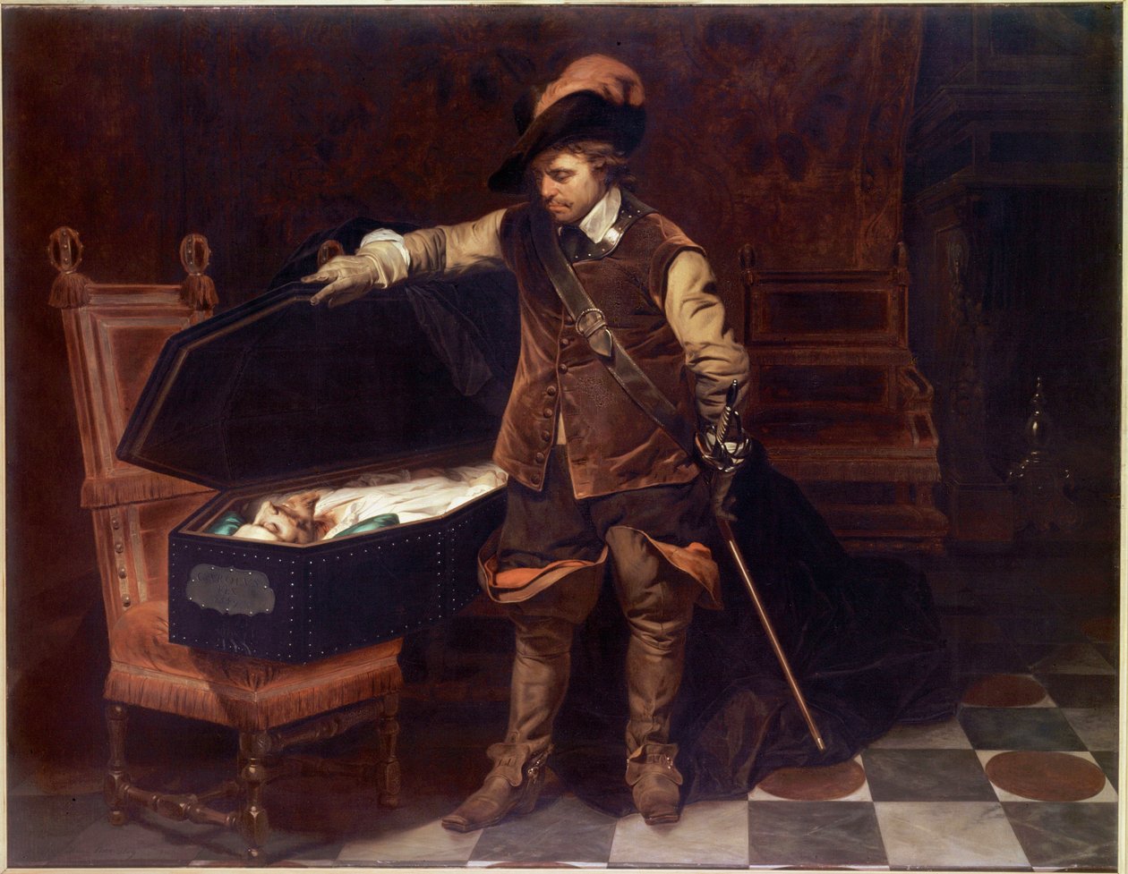 "Oliver Cromwell Charles I Stuartin arkun edessä" (1649). Oliver Cromwell (1599-1658) asettaa oikeudenkäynnin Englannin kuningasta vastaan, joka tuomitaan ja mestataan 9. helmikuuta 1649. Paul Delarochen (1797-1856) maalaus tekijältä Hippolyte Delaroche