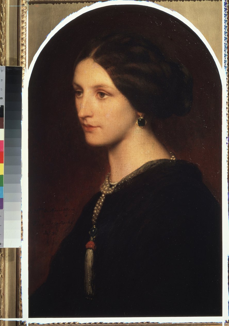 ""Kreivitär Sophie Shuvaloffin muotokuva (Shuvalov tai Shuvalova)"" Nuoren aristokraatin muotokuva, helminauha kaulassa. Paul Hippolyte Delarochen (1797-1856) maalaus 1853 Moskova, Pushkinin taidemuseo tekijältä Hippolyte Delaroche
