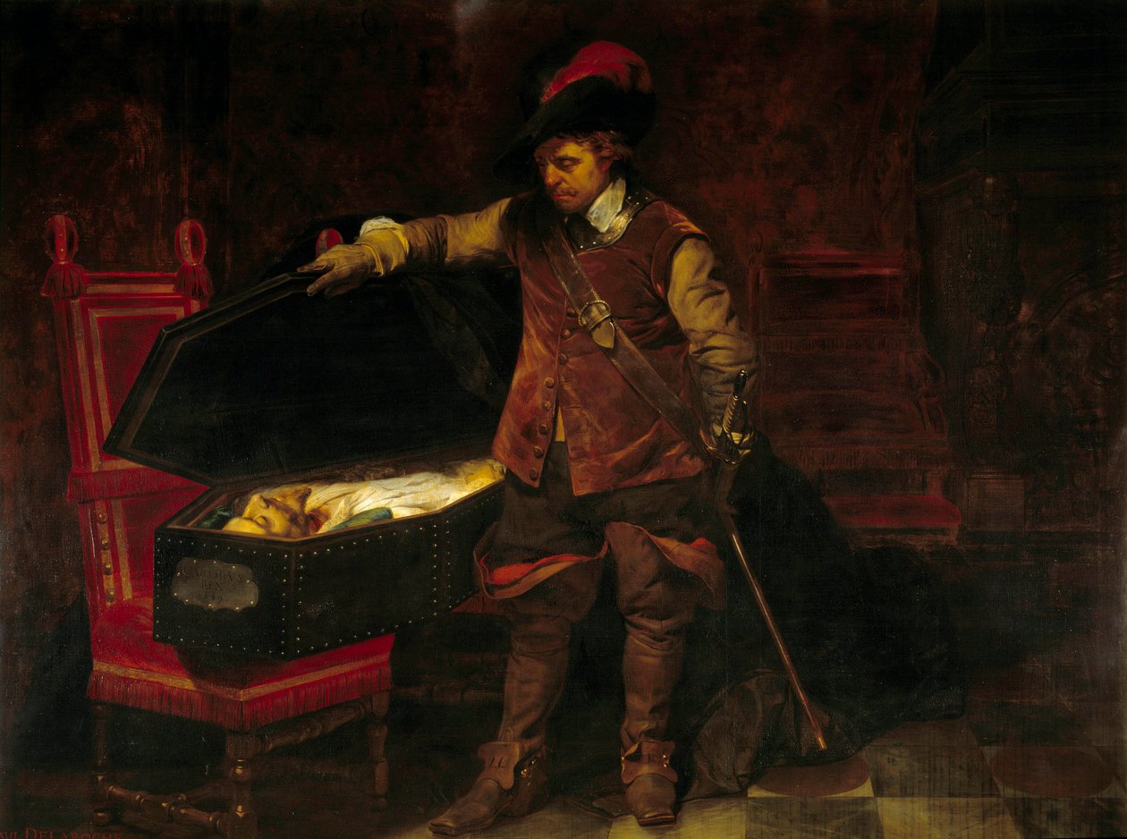 Cromwell Charles I Stuartin (1649) arkun edessä. Oliver Cromwell (1599-1658) määräsi oikeudenkäynnin Englannin kuningasta vastaan, joka tuomittiin ja tuomittiin 9. helmikuuta tekijältä Paul Delaroche