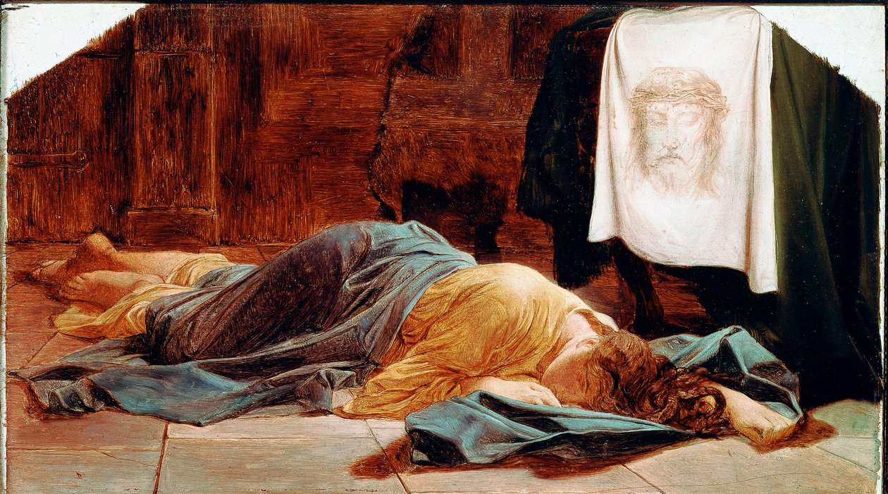 Saint Veronica Nuori nainen pyörtyy lähellä pyhää käärinliinaa. Pyhä verho edustaa Kristuksen kasvoja, jonka hien Veroniquen sanottiin hikoilevan Golgatalle kiipeämisen aikana. Paul Delarochen (1797-1856) maalaus 1800-luvun aurinko. 28x49 cm Pa tekijältä Paul Delaroche