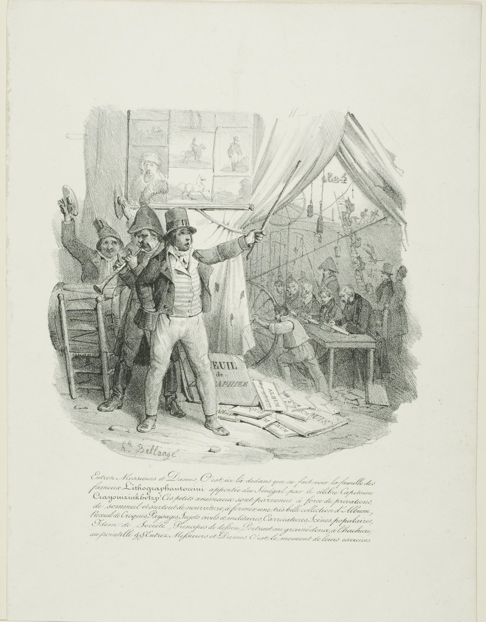 Tulkaa sisään, hyvät naiset ja herrat, Sisällä näette kuuluisan litografianantoccinin perheen... "Albumin vuodelta 1824" etusivun kuva. tekijältä Hippolyte Bellange