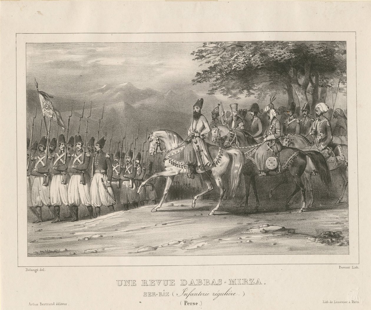 Prinssi, marsalkka Abbas Mirza 1789-1833 tarkastaa jalkaväkirykmenttiä, 1835 tekijältä Hippolyte Bellange