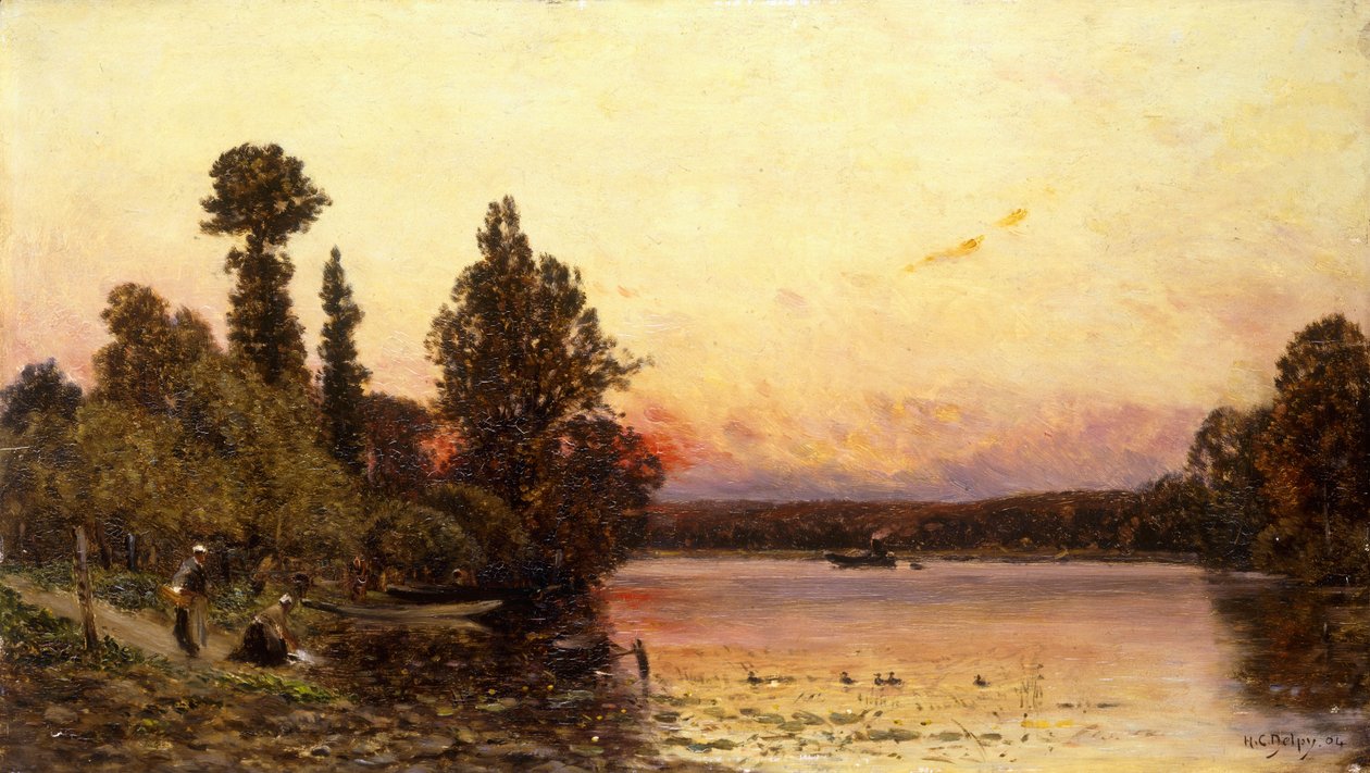 Auringonlasku, Joen reunalla, 1904 tekijältä Hippolyte Camille Delpy