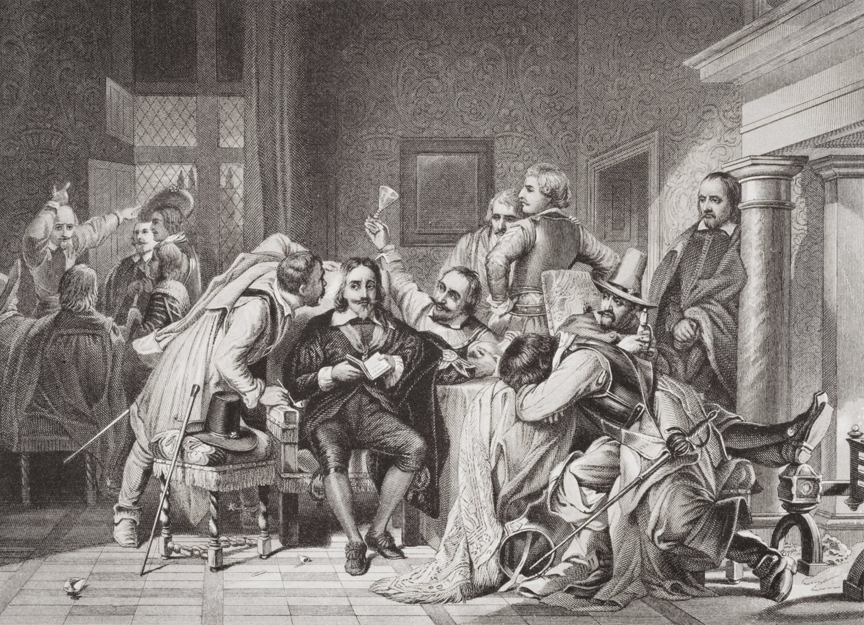 Charles I (1600-49) vartiohuoneessa, jota Oliver Cromwellin sotilaat loukkasivat, "Englannin ja Skotlannin historian kuvituksista" osa I tekijältä Hippolyte Delaroche