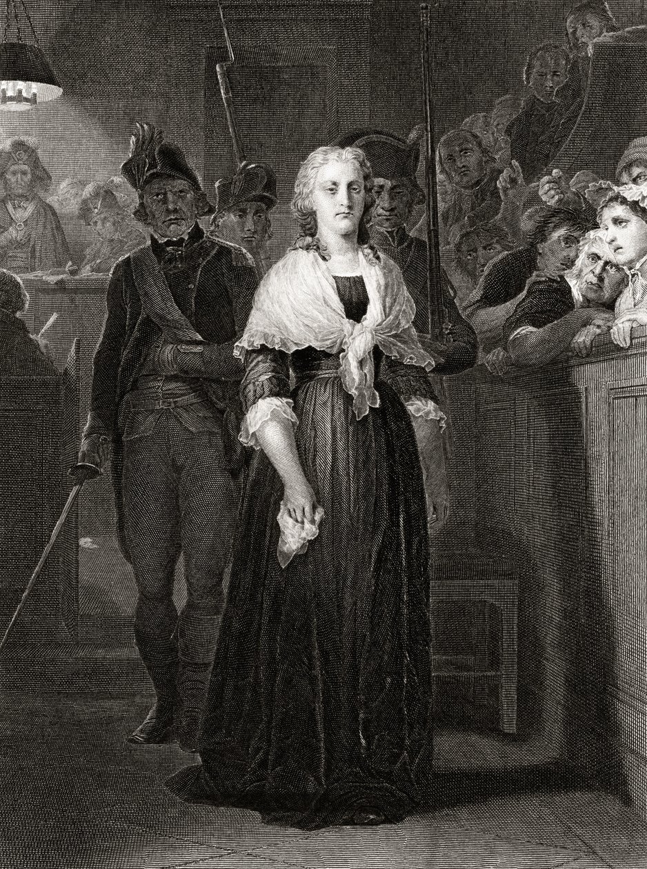 Marie Antoinette vallankumoustuomioistuimen edessä 14. lokakuuta 1793, kaivertaja William French (n.1815-98). tekijältä Hippolyte Delaroche