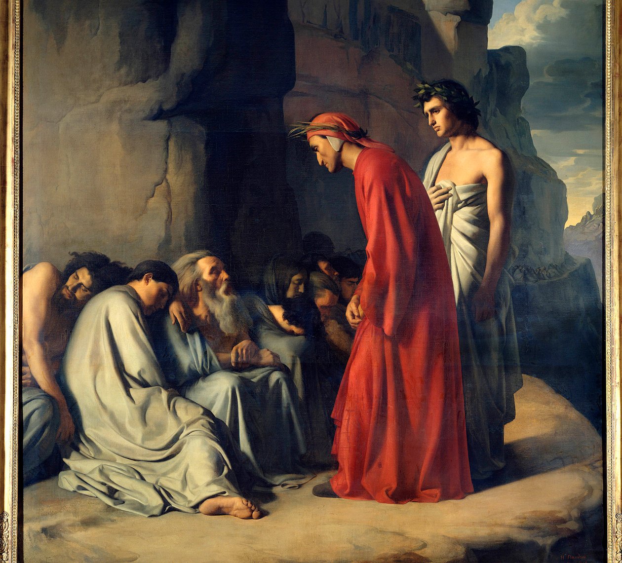 Dante ja Vergilius helvettiin tai Virgilen johtama dante tarjoaa lohtua Dante Azlighierin (1265-1321) kateellisen jumalallisen komedian helvetin kuvituksen (Divina Comedia) sieluille Hippolithe Flandrinin (1809-1864) maalaus Dim 1800-luku . 2 tekijältä Hippolyte Flandrin