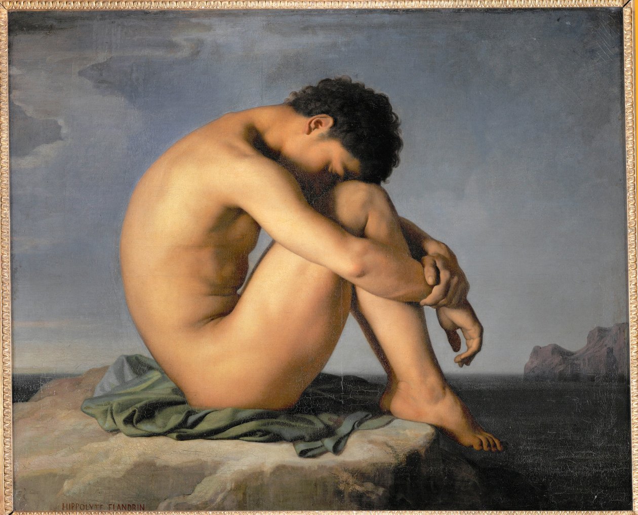 Alaston nuori mies istuu meren rannalla ... tekijältä Hippolyte Flandrin