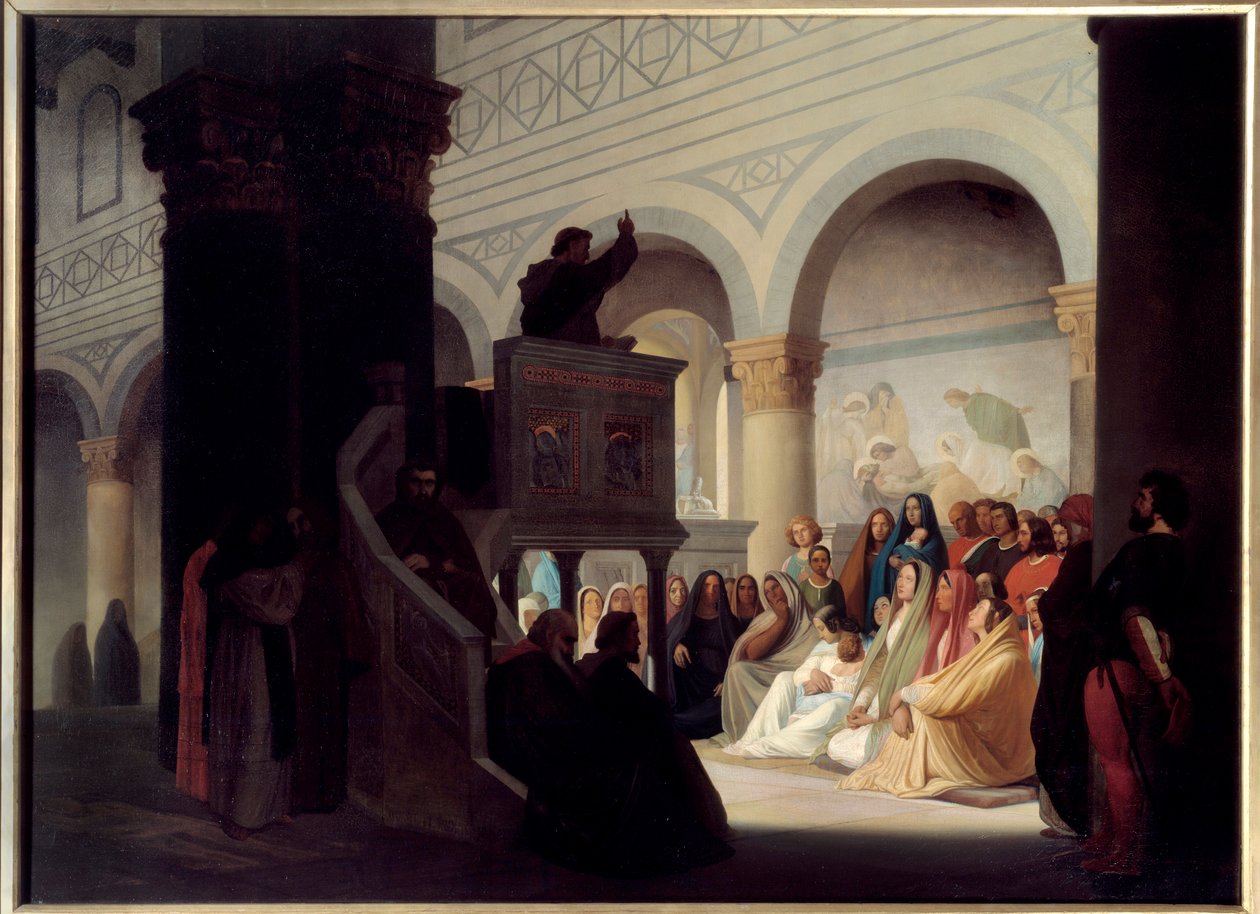 Savonarole (1452-1498) saarnaaja San Miniatossa Firenzessä. Jerome Savonarole, italiaksi Girolamo Savonarola (1452-1498), Dominikaaninen veli ja italialainen ennustaja, joka hallitsi Firenzeä vuosina 1494-1498. Hippolyte Flandrinin (1809-1864) maalaus tekijältä Hippolyte Flandrin