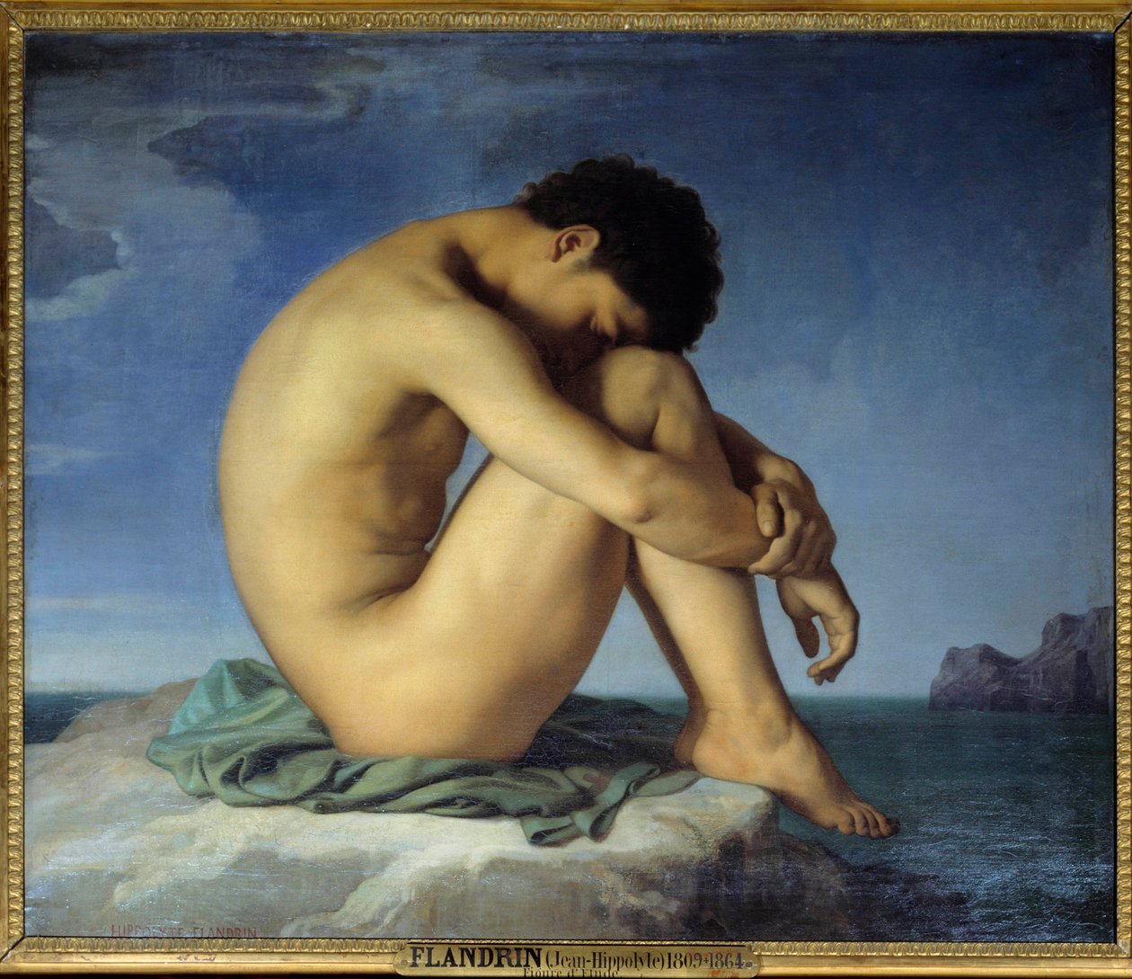 Nuori alaston mies istuu meren rannalla Ajattelija vetäytymisasennossa (itsetutkiskelu). Hippolyte Flandrinin (1809-1864) maalaus 1836. Öljy kankaalle. Aurinko. 0,98x1,24 m - Nuori alaston mies istuu meren rannalla. Ajattelija sikiö-, uni-asennossa prot tekijältä Hippolyte Flandrin