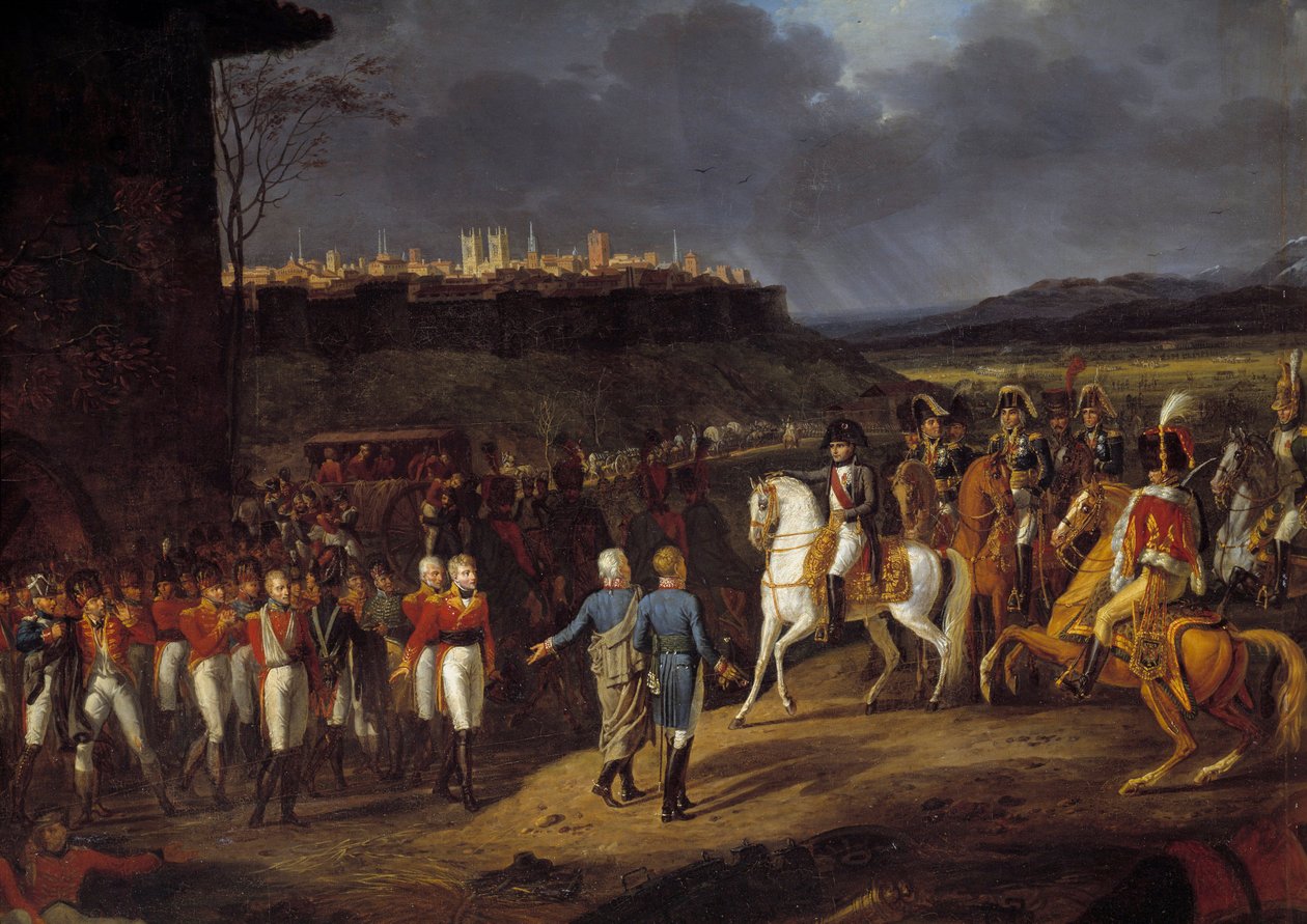 Espanjan kampanja: "" Keisari Napoleon I esiteltiin Astorgassa, Espanjassa, englantilaisia vankeja ja käski heitä kohdella erityisen huolellisesti, tammikuu 1809" Yksityiskohta. Hippolyte Lecomten (1781-1857) maalaus 1810 su. 1,13x1,52 m tekijältä Hippolyte Lecomte
