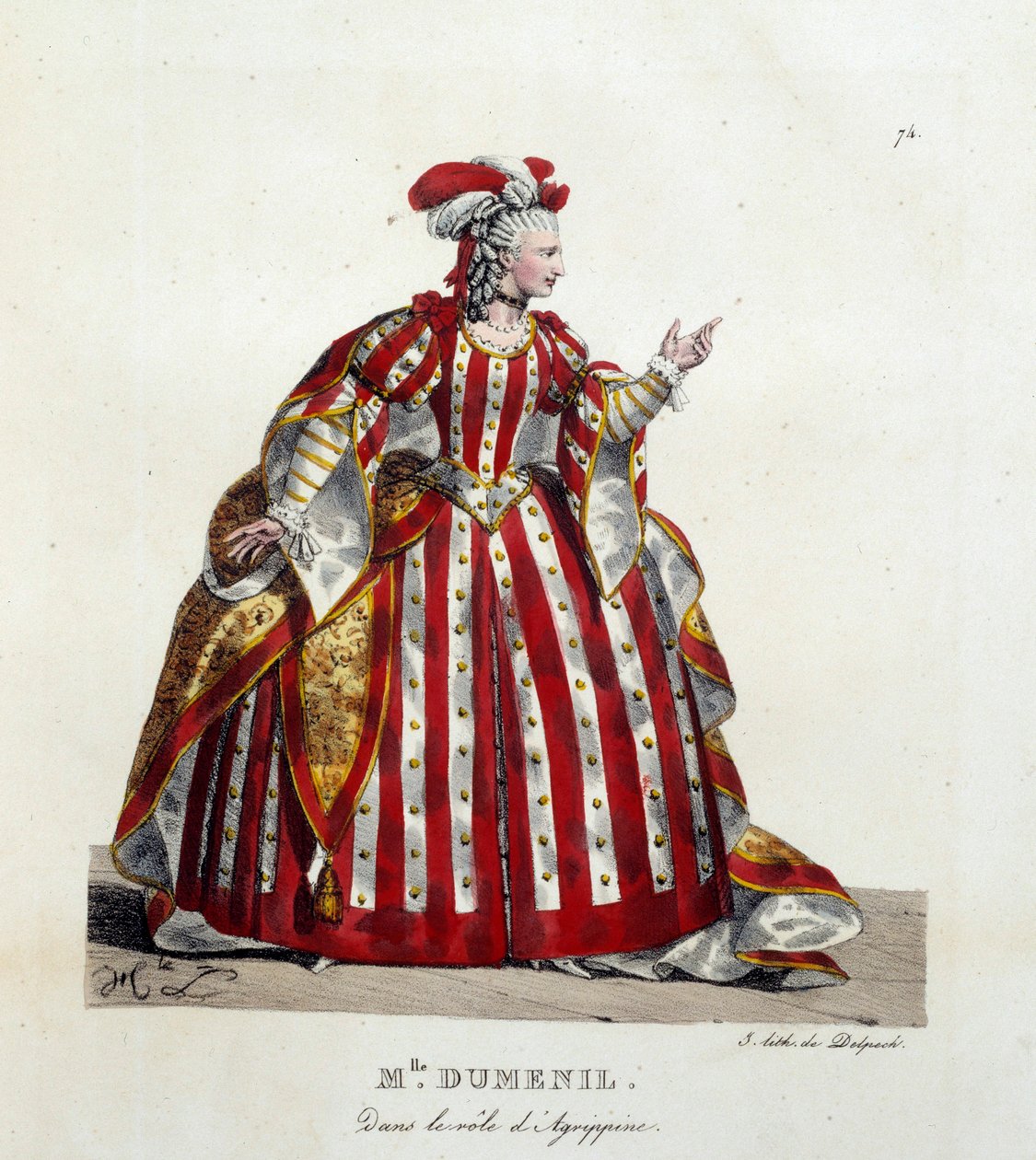 Ranskalainen näyttelijä Marie Francoise Marchand kutsui Mademoiselle Dumesniliä (1713-1803) Agrippinen roolissa Jean Racinen (1639-1699) teoksessa "Britannicus" ranskalaisessa komediassa. Hippolyte lecomten litografia (1781-1857). Yksityinen kokoelma tekijältä Hippolyte Lecomte