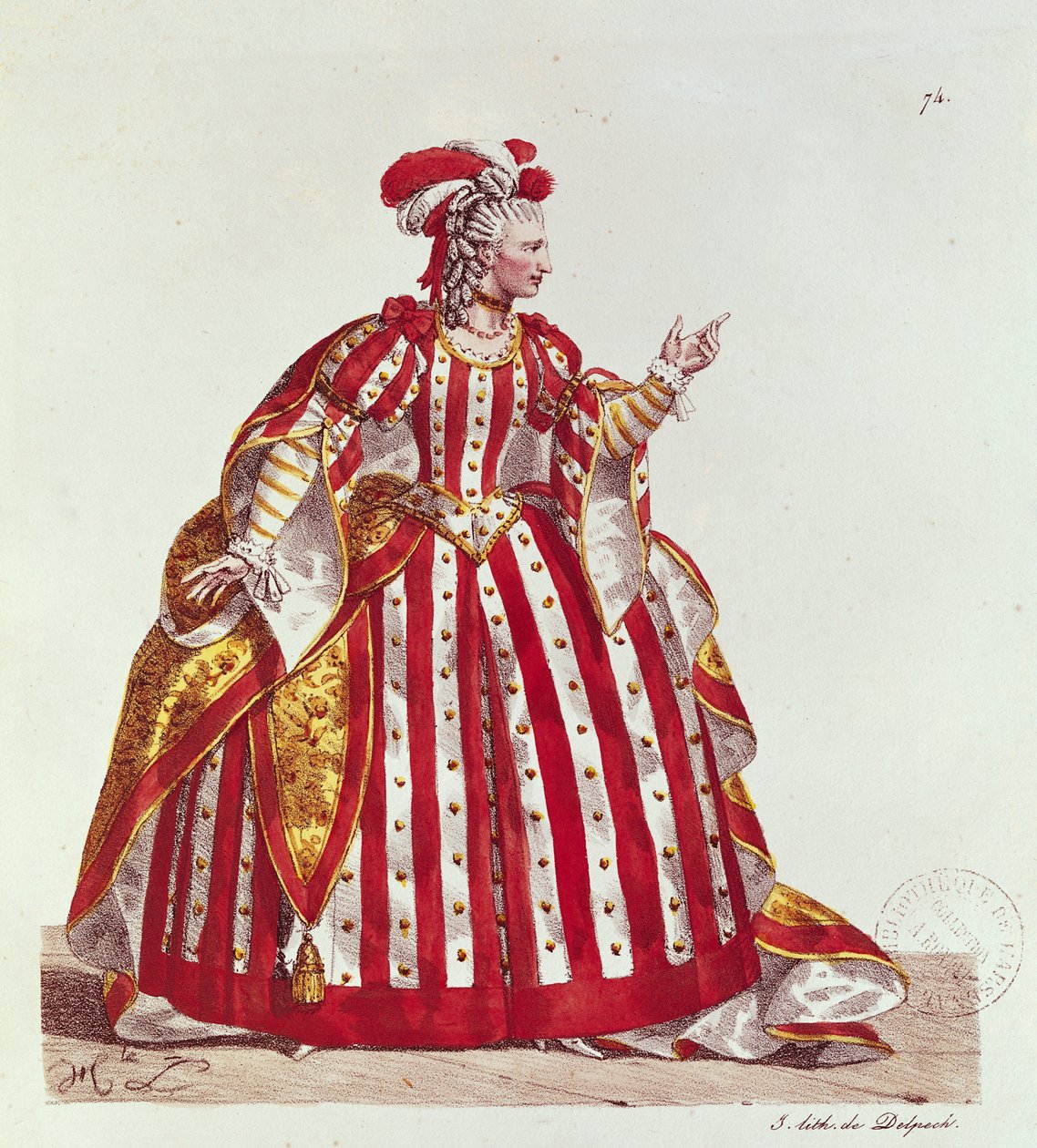 Mademoiselle Dumesnil (1713-1803) Agrippinan roolissa Jean Racinen (1639-99) Britannicuksessa, kaivertanut Francois Seraphin Delpech (1778-1825) 1740 tekijältä Hippolyte Lecomte
