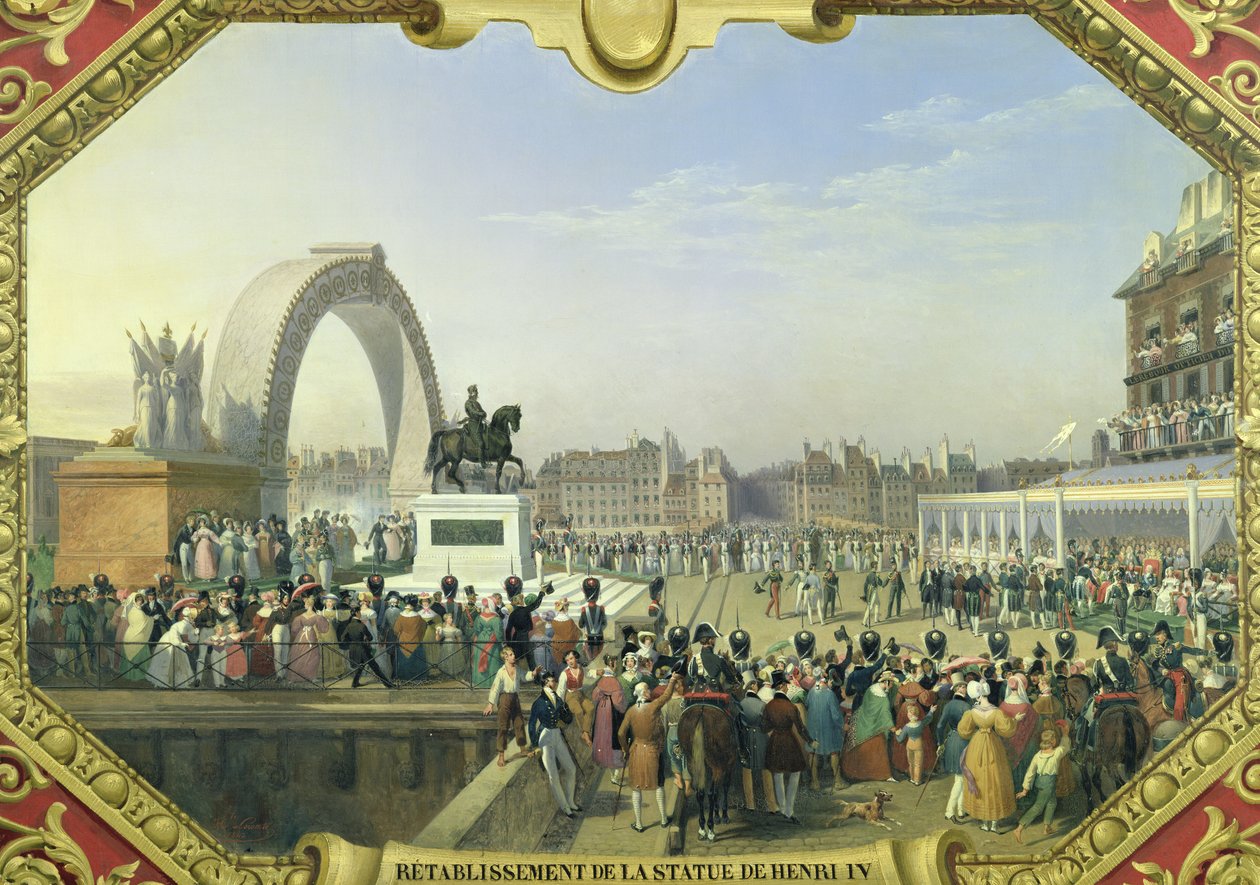 Henri IV:n (1553-1610) patsaan uudelleen pystytys Pont Neufiin, 25. elokuuta 1818 tekijältä Hippolyte Lecomte