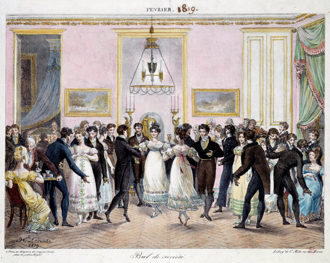 Societe ball Pariisissa värikynäkaupassa Conte, Place du palais Royal helmikuussa 1819 Hippolyte Lecomten (1781-1857) litografia 1819. Paris, Musee Carnavalet tekijältä Hippolyte Lecomte