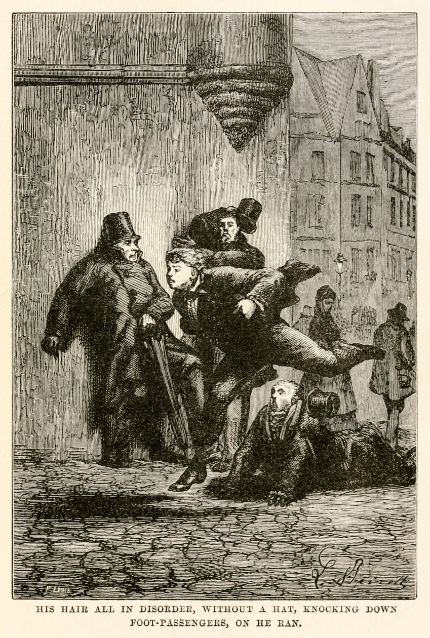 Hänen hiuksensa kaikki sekaisin, ilman hattua, kaataen jalkamatkustajia, hän juoksi Jules Vernen (1828-1905) Louisin kaiverruksesta "Maailman ympäri kahdeksankymmenessä päivässä" tekijältä Hippolyte Leon (after) Benett