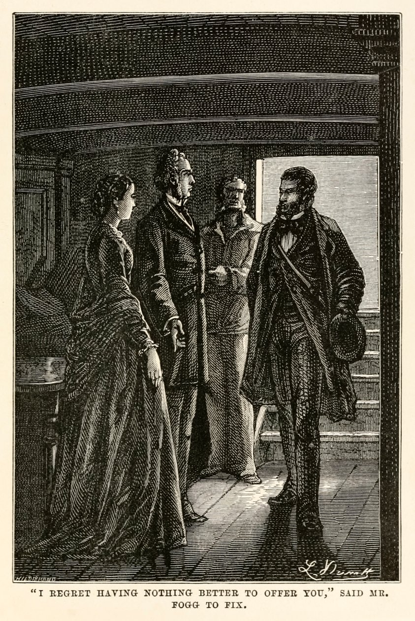 "Olen pahoillani, ettei minulla ole sinulle parempaa tarjottavana", sanoi herra Fogg Fixille, Jules Vernen (1828-1905) teoksesta Maailman ympäri kahdeksankymmenessä päivässä, Henri-Théophile Hildebrandin (1824-97) kaiverruksesta. tekijältä Hippolyte Leon (after) Benett