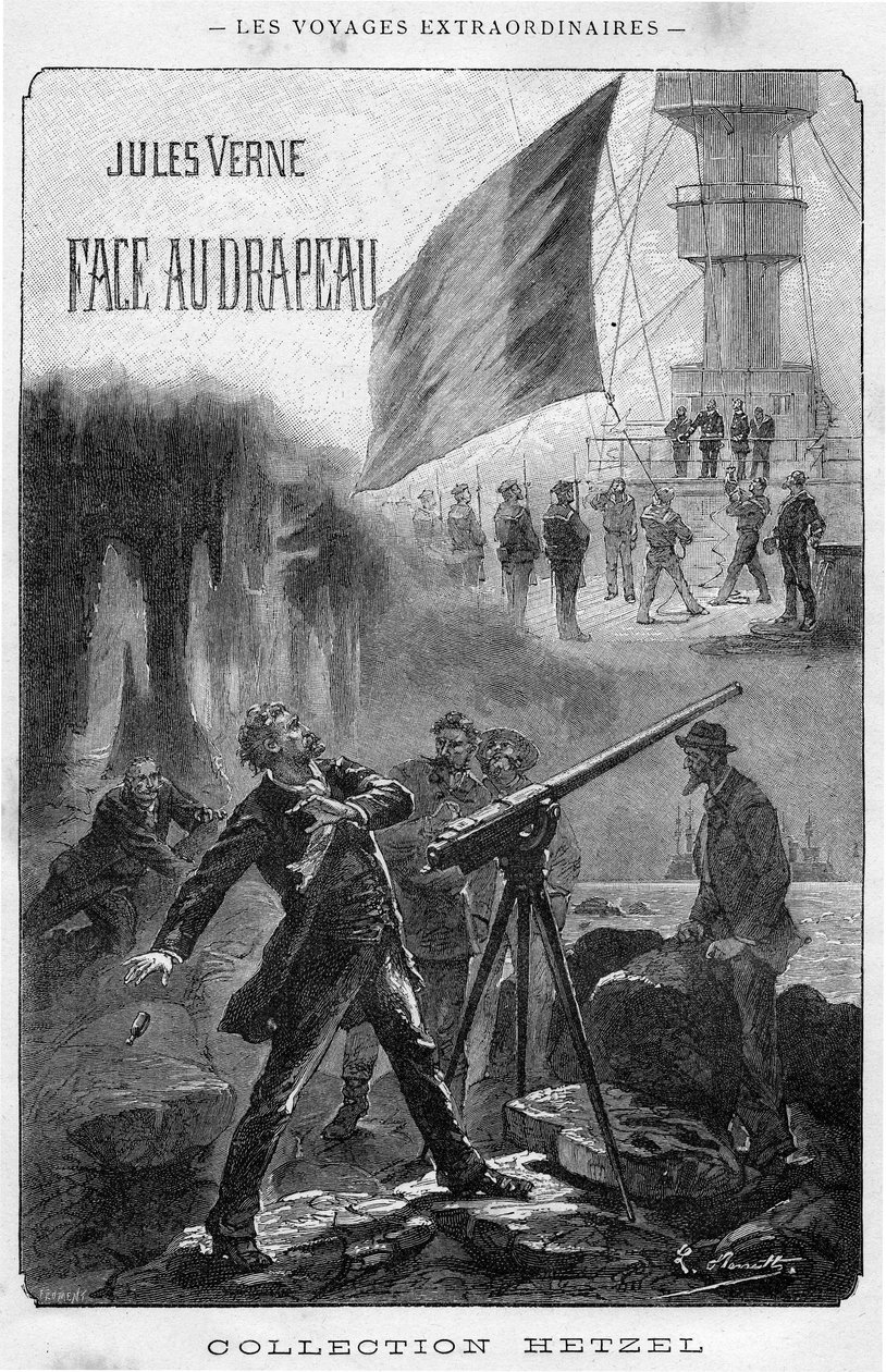 Kuvitus Jules Vernen kirjasta Face au drapeau, etukappale Hetzel-painos - Les voyages extraordinaire 1896 (kaiverrus) tekijältä Hippolyte Leon Benett