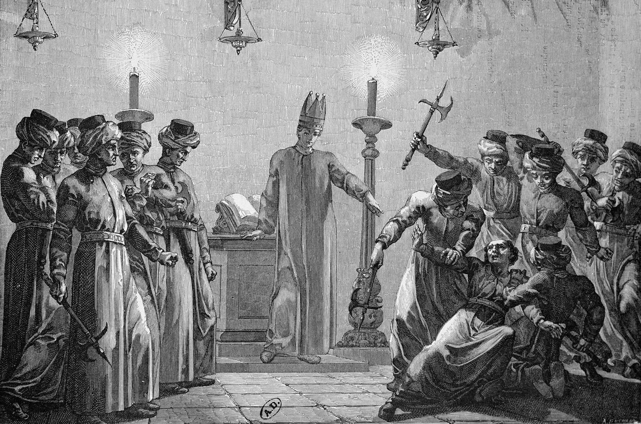 Daniilaisten tekemä rituaalimurha mormonivastustajien väitteiden mukaan, Davidin piirtämä ja A. Gusmandin kaivertama tekijältä Hippolyte Leon Benett